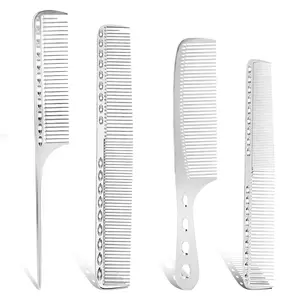 Metal Comb for Men, 4 Aluminum Dressing Comb Professional Barber Types Metal Hair Comb Set Foiling Combs Dandruff Combs for Women Metal Rat Tail Comb Hair Cutting Comb for Long Wet Curly (Silver)