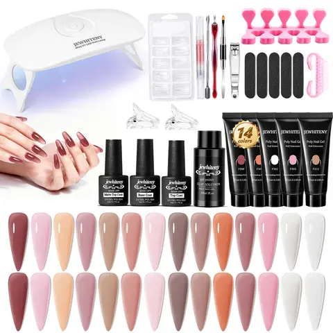 JEWHITENY 14PCS Poly Gel Kit for Nail Care & Selfcare, Mini Nail Lamp and Slip Solution Included for Beginners - Manicure Set