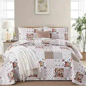 Taupe Floral Set Queen Boho Patchwork Bedspread Floral Coverlet Reversible Bed Set All Season Soft Microfiber Bedding Farmhouse Bed Sets, 96"x90"