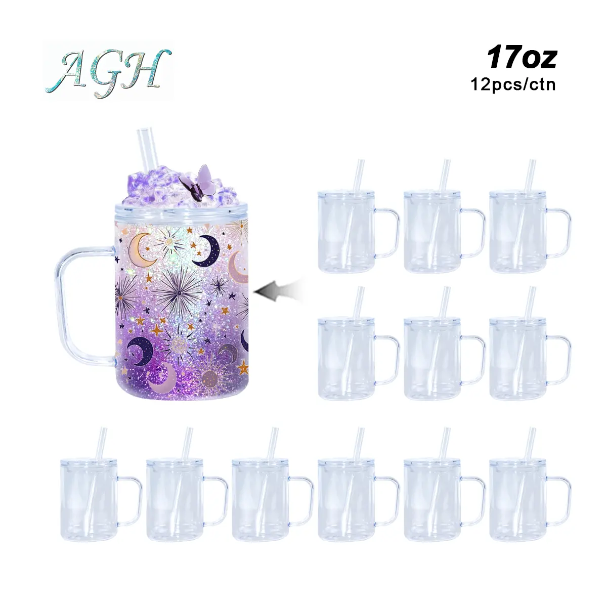 AGH US 17 OZ Snow Globe Double Wall Plastic Tumbler Cups with Lids and Straws, Bottom with Pre Drilled Hole and Plugs for Milk Cartons Travel Coffee, Lava drip tumbler, Glitter DIY Snow Globe