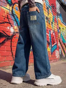 Boys Baggy Jeans Wide Leg Elastic Waist Pants Denim Cargo Troers with Pockets Casual Streetwear 7-15Y