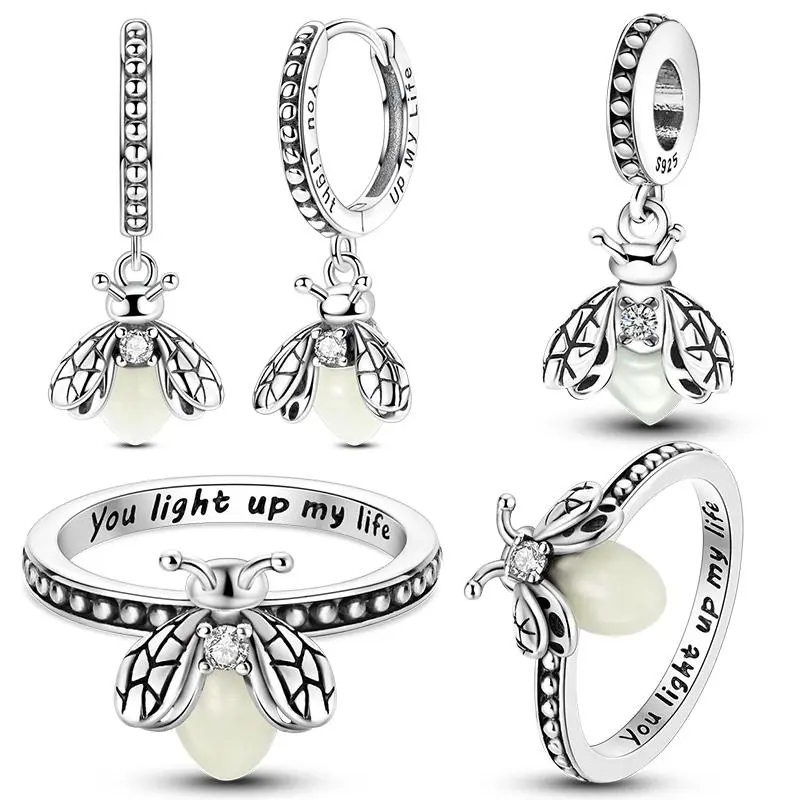 Jewelry Sets Original 925 Sterling Silver Glowing Firefly Charms Beads Rings Earrings Sets Fashion Birthday Jewelry Gift