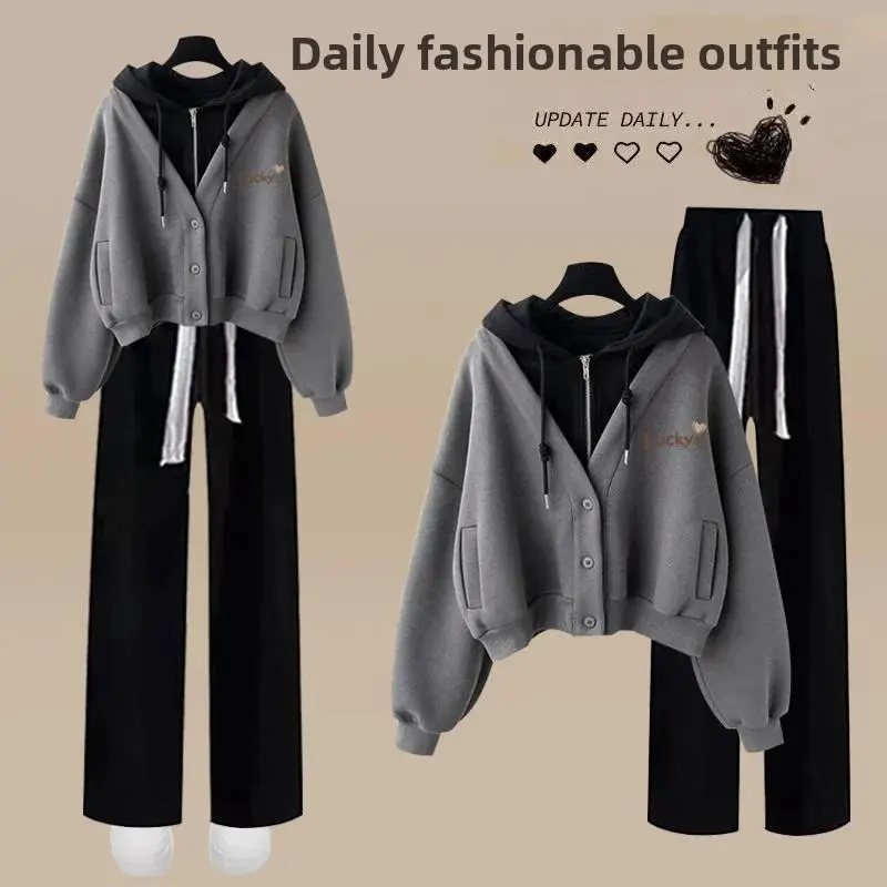 Loose Wide Leg Pants Set Women's Fashion Casual Two-Piece Hoodie Outfit Korean Style Single/Set Popular INS Trend Chic Clothes Loose Wide Leg Pants Set Women's Fashion Casual Two-Piece Hoodie Outfit Korean Style Single/Set Popular INS Trend Chic Clothes