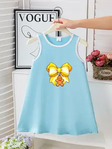Summer Girls' Dress with Bow Gingerbread Man Pattern, Cute Christmas Style, Loose-Fitting Sleeveless Vest Dress
