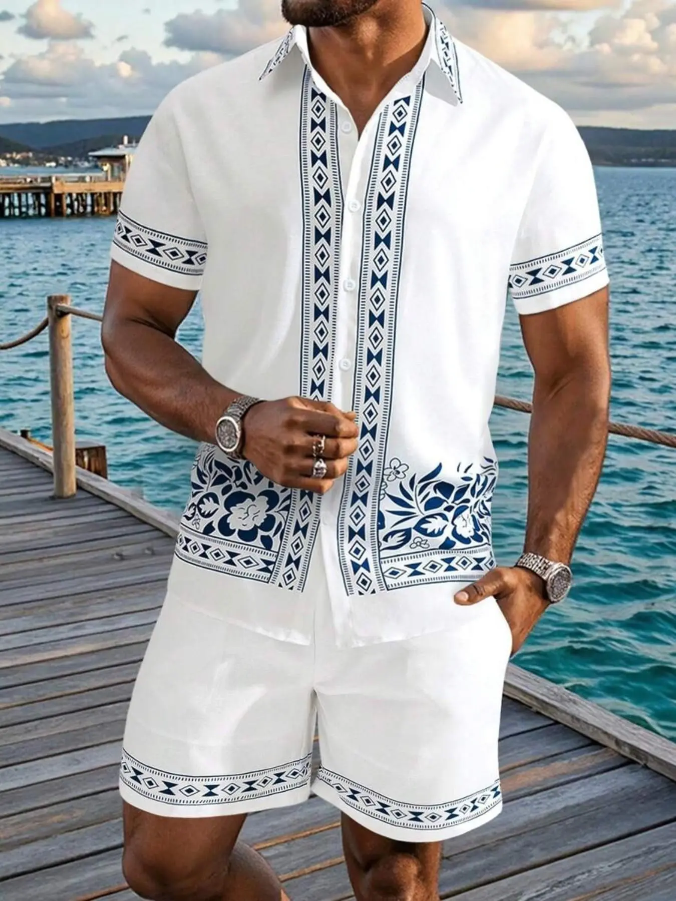 Men's Vacation Mode Tropical 2-Piece Set Shorts Sets Outfits Clothing Sets | 100% Polyester, Blue & White Ethnic Print Paisley Shirt + Shorts Menswear