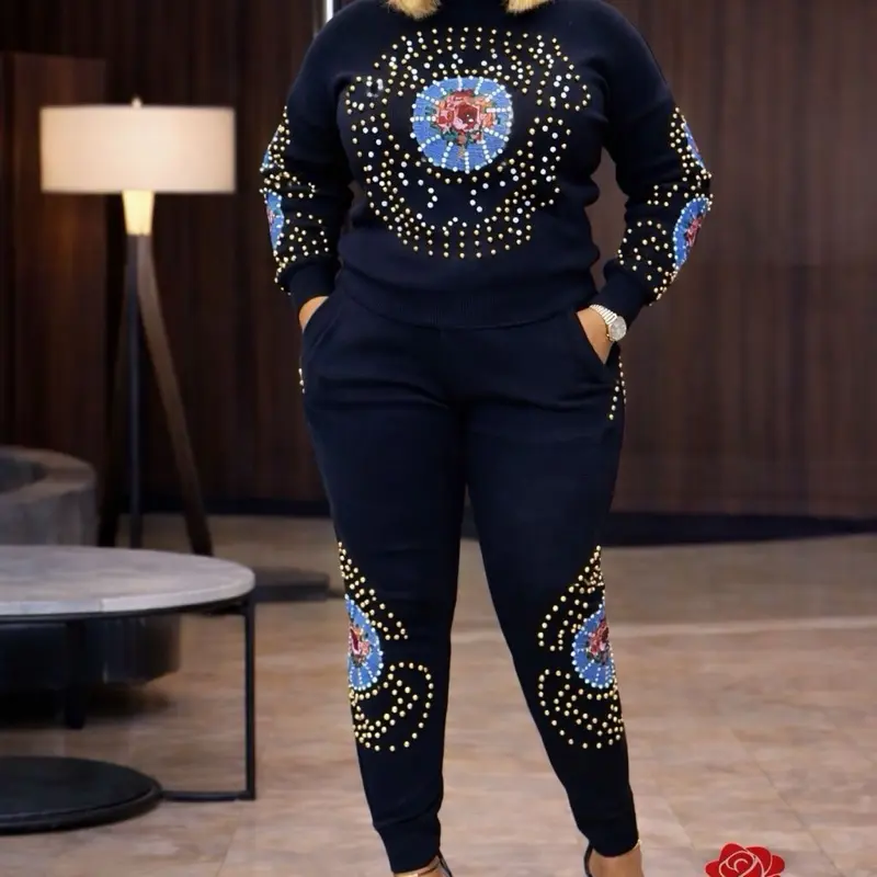 Luxury Gold Thick Studded Floral Patch Premium Knit Two-Piece Set