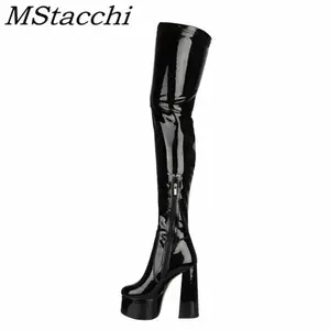 Nightclub Women Thigh High Boots Glisten Patent Leather High Platform Boots Sexy Solid Color High Heels Shoes Women's High Boots