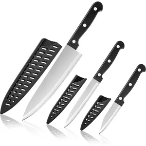 Kitchen Knife, 3-Pcs Knife Set With Sheath, 8 Inch Chef Knife, 4.5 Inch Utility Knife, 4 Inch Paring Chef Knife, Stainless Steel, Black