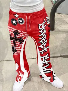 Vintage Men's Fashion Printed Loose Bell Bottom Pants, Drawstring Sportswear Long Pants, 3D Soft Breathable Fabric, Casual Daily Wear
