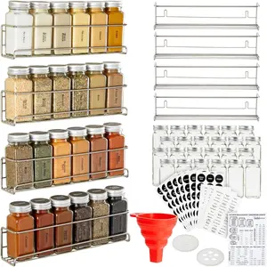 Rack Organizer - 4 Stainless Steel Wall-Mounted Racks - 24 4 oz Glass Jars & 269 Preprinted Labels, Chrome -  & Cabinet Seasoning Organizer for Space Saving  Storage