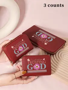 Women's Floral & Slogan Pattern Zipper Short Wallet, Fashionable Multi Slot Card Holder, Casual Trendy Versatile High-quality Daily Wallet