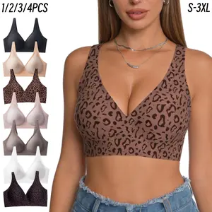 1/2/3/4PCS Leopard Print Jelly Bra Wireless No Underwire Everyday Comfort Push UpSeamless T-Shirt Bra with Minimizer & AdjustableStraps Fit Minimalist Fabric Womenswear Soft FitSmooth Yarn Basic Lady Underwear S-3XL