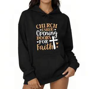 Casual Faith Hoodie with "CHURCH," "USHER," and "DOORS" Text and Heart Details on Black Crew Neck Long Sleeve