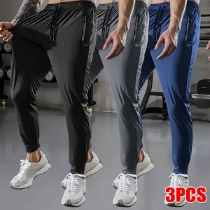 Men's 3-Pack Ice Silk Fiber Casual Pants - Breathable Moisture-Wicking Athletic Trousers with Elastic Waistband and Side Pockets; Regular Fit for Gym Workouts and Everyday Wear; Solid Color Running Pants