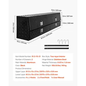 VEVOR Contractor Truck Tool Box, 81.5x 21x 13 in, Black Tread Aluminum TopSider Toolbox with Two Lower Drawers, Flip Up Door, Weather-Resistant Heavy Duty Storage Box, with Latch, for Truck Bed