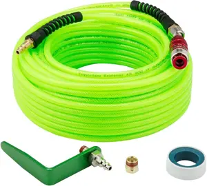 Air Compressor Hose 1/4 Inch  100 ft Flexible Reinforced Polyurethane (PU) Air Hose 300 PSI, Bend Restrictor, 1/4'' Air Hook for Nailer, 5 IN 1Universal Swivel Air Fitting (green