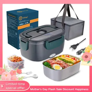 Electric Lunch Box Food Heater 80W Portable Heated Lunch Box for Adults 3 in 1 Portable Food Warmer 110V/12V/24V, with 1,8L Removable Stainless Steel Container & Bag