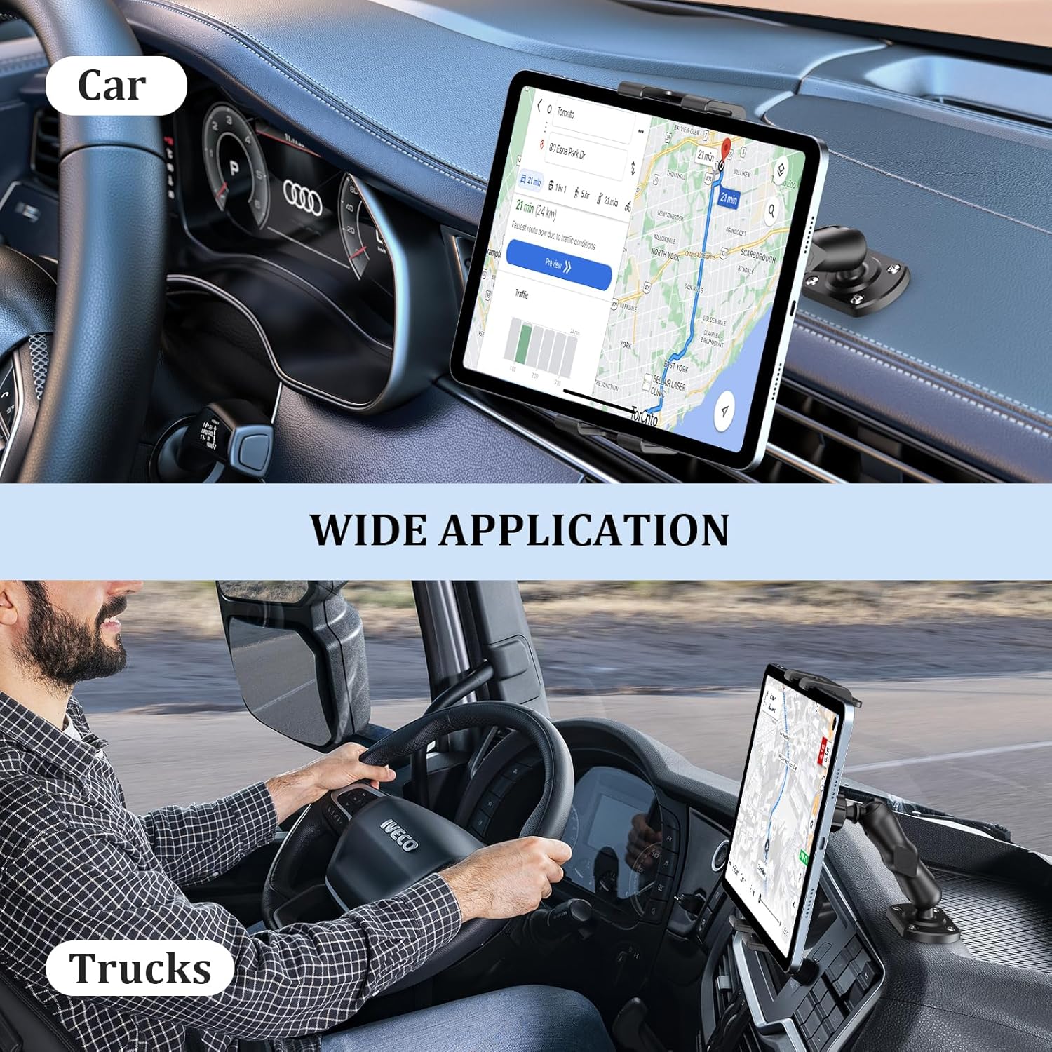 OHLPRO Tablet Stand for Car and Truck Dashboards, Heavy-Duty iPad Holder with Upgraded Dual Spring Clips and Drill Base 360° Rotating arm suitable for 5-inch tablets and mobile phones, Kindle, suitable for vehicles, walls, and desks