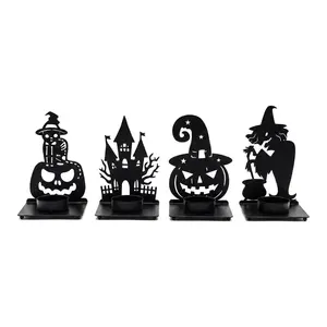 Halloween Party Decor Candle Holder Set, Metal Silhouette Tea Light Holder, Pumpkin Castle Witch, Shadow Projection, Table Fireplace Decoration