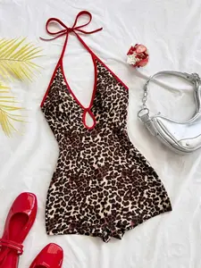 Women's Summer Casual Vacation V-Neck Sleeveless Halter Top with Bow Front Lace Up Contrast Trim Tight Ribbed Jumpsuit Fit