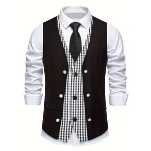 Men's V-Neck Double-Breasted Casual Vest With Button-Detail For Wedding Parties