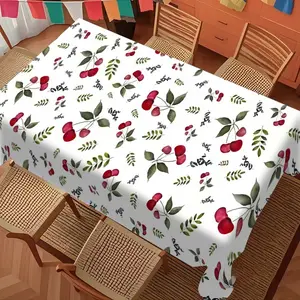 Watercolor Bright Cherry Tablecloth, Polyester Material for Home Breakfast, Wrinkle-Free Dining Table Cover, 7 Sizes for Indoor & Outdoor Use