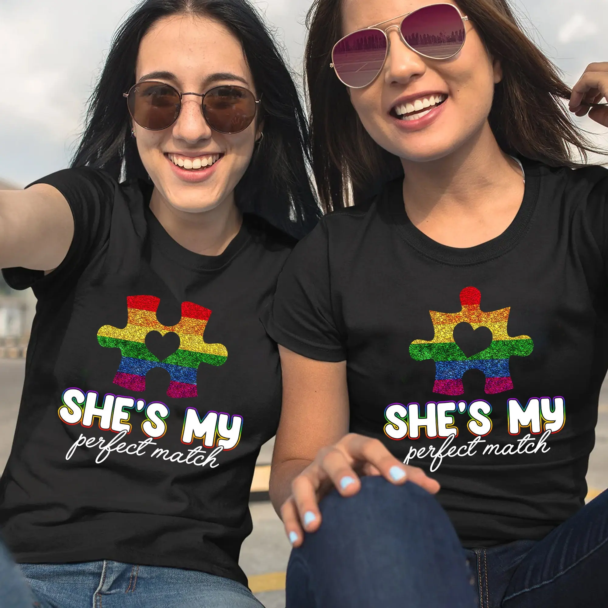Women's LGBTQ Pride Graphic T-Shirt - "She Is My Perfect Match" Lesbian Design, Cute Gift for Girlfriends (ONLY 1 SHIRT)