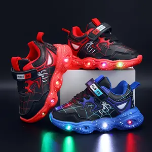 Hook and Loop Buckle Spider Web Print Luminous Sole Thick Sole Shoes Trendy Retro Comfortable Sneakers Boys' Training Shoes