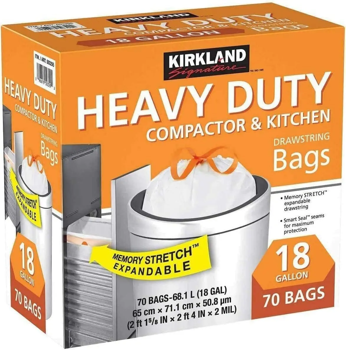 KIRKLAND SIGNATURE Plastic Compactor Kitchen Drawstring Bag - Durable, Gripping, Secure Full Size New Edition Trash Bag