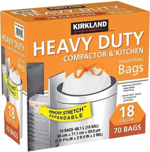 KIRKLAND SIGNATURE Durable Compactor Kitchen Trash Bag with Gripping Drawstring, Secure Full Size, New Edition
