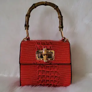 Daphne Handbag - Red Crocodile Texture with Bamboo Handle and Gold Hardware