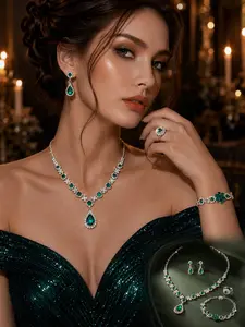 Luxury Emerald Green Rhinestone Fashion Jewelry Set for Women – Sparkly Teardrop Necklace, Earrings, Bracelet & Ring for Wedding, Prom & Formal Party