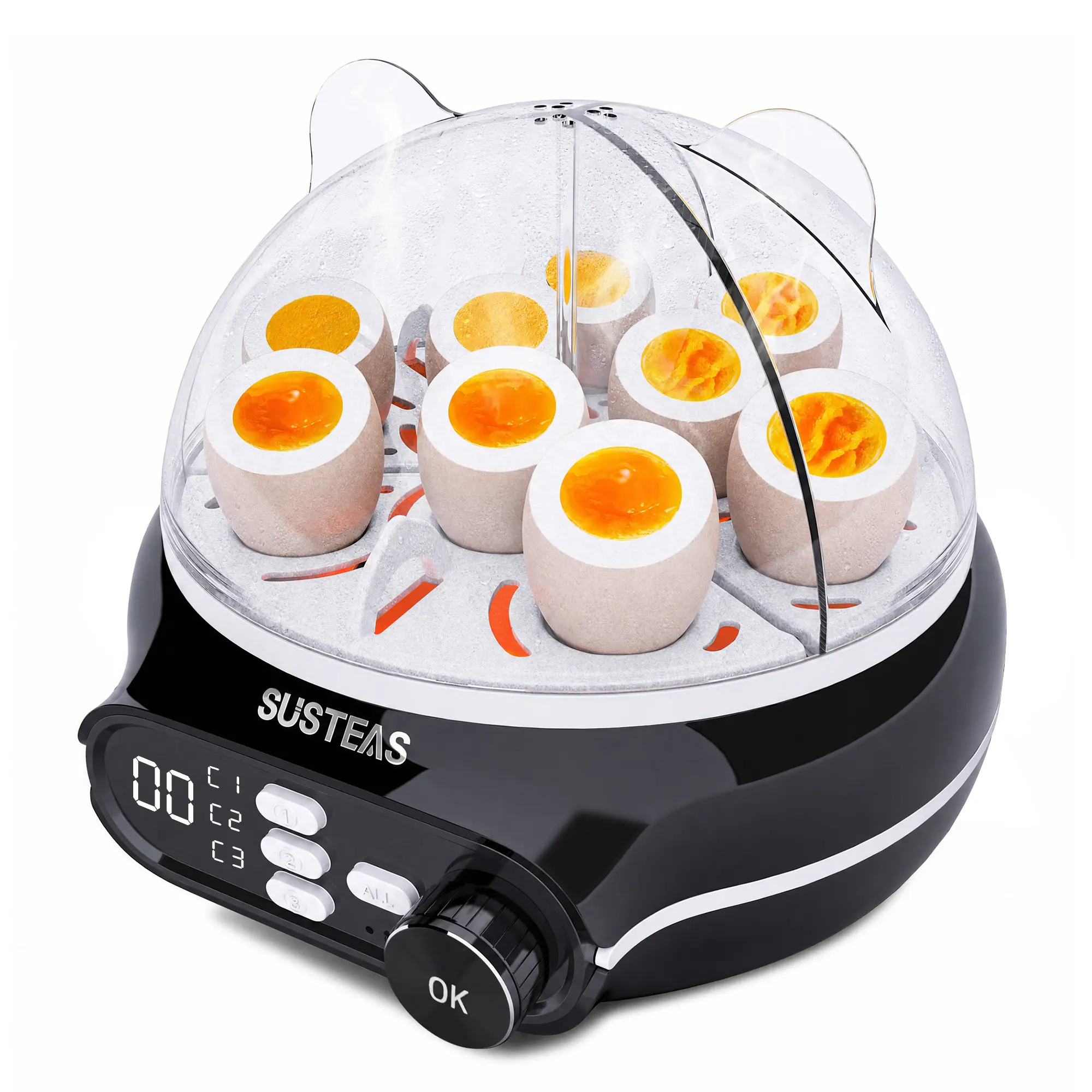 SUSTEAS Timer Egg Boiler - 3 Independent Cooking Zones, 9-Piece Large Capacity, Pre-Set Timing, Voice Reminder, Energy-Saving Design, Egg & Milk Pudding Tray, Versatile Doneness Settings for Family Breakfast summerwins