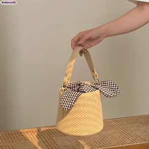 Straw Bucket Bag for Women 2026 Summer Boho Woven Crossbody Bag Knotted Handle Handmade Beach Vacation Purse Lightweight Spacious Travel Handbag Eco Friendly Casual Daily Shoulder Bag