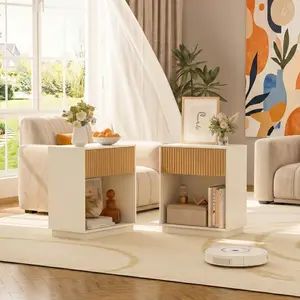 Aesthetic Fluted Nightstands (Set of 2)  Modern Wood Bedside Table with Drawer | Boho Bedroom Decor