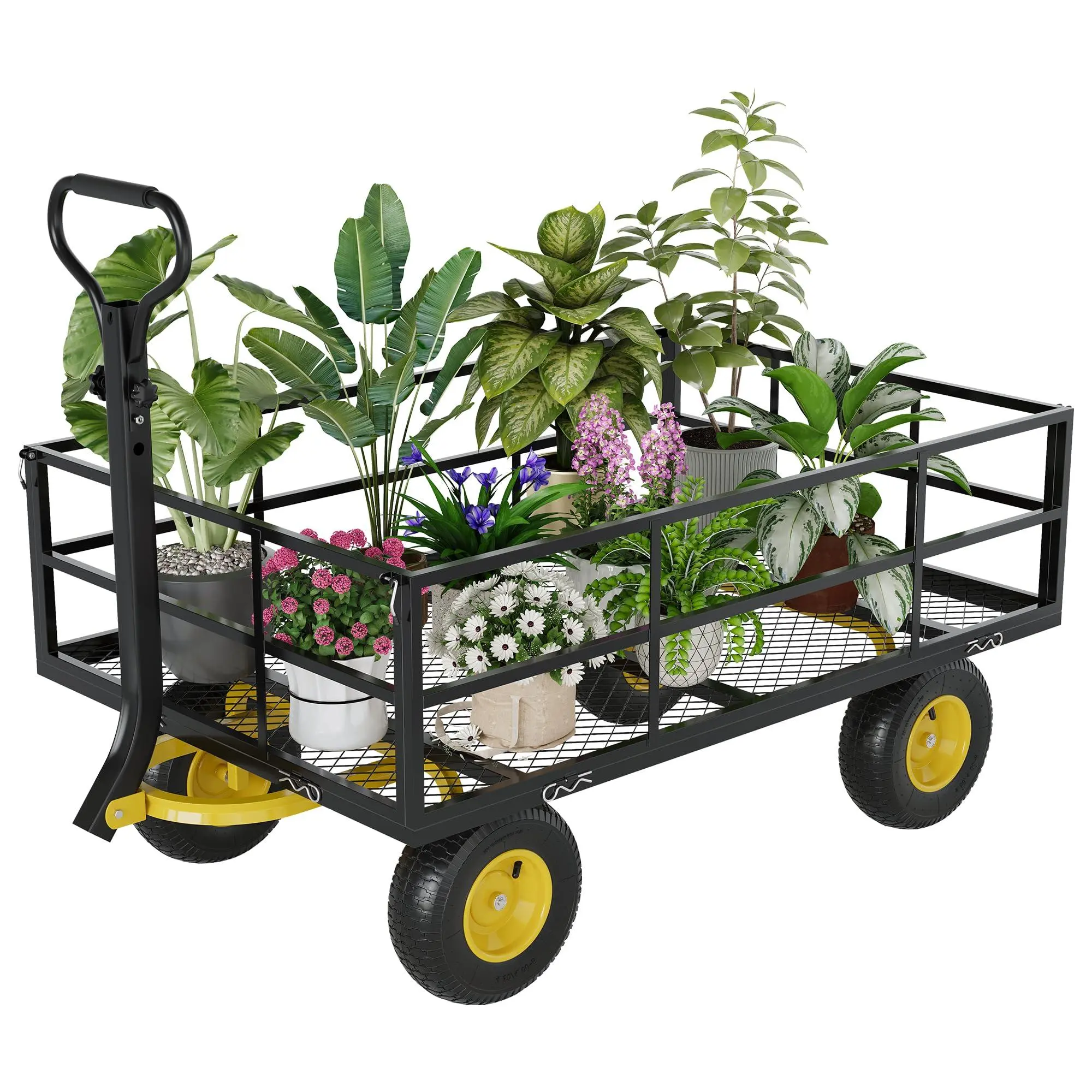 GARVEE 1200lb Steel Frame Utility Wagon, 3-in-1 Outdoor Garden Cart with 13in All-Terrain Tires, Removable Mesh Sides, 180° Swivel Handle, Black & Yellow
