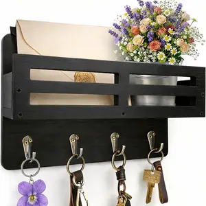 Key Holder Wall Mount, 10 inch Decorative Key and Mail Holder for Wall, with Mail Organizer & 4 Key Hooks, Rustic Wooden Key Rack for Hanging Dog Leash Sunglasses, Entryway Key Hanger, Black