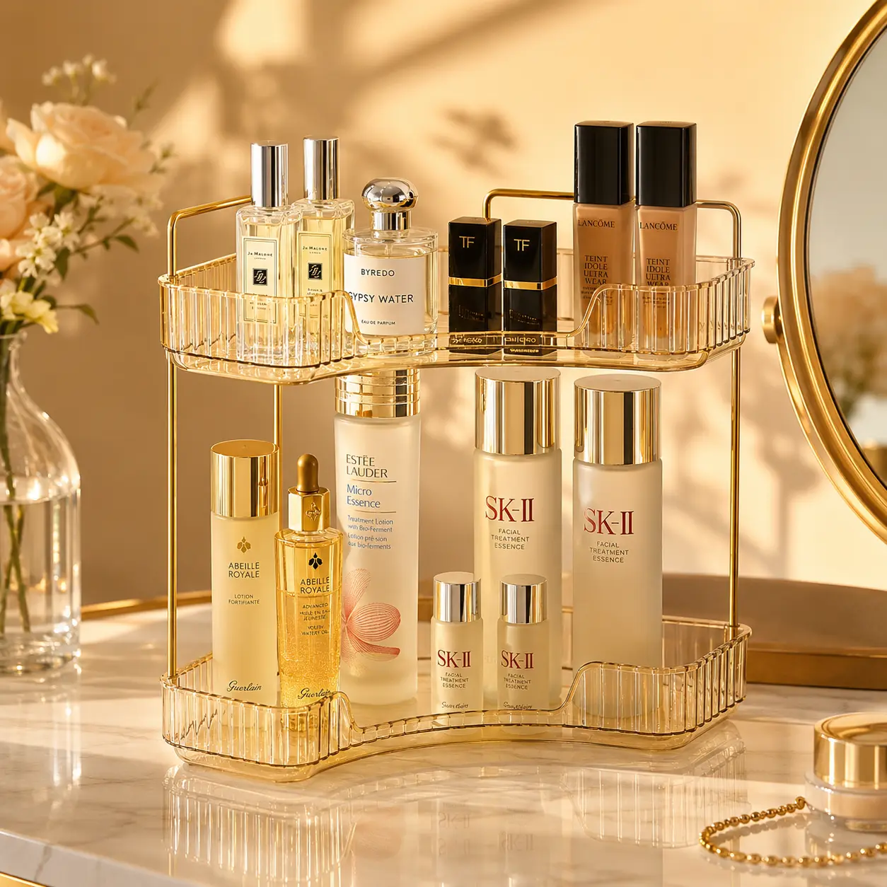 [DealsForYouDays] Classic Durable 2-Tier Amber Acrylic Corner Bathroom Counter Organizer with Gold Frame, 2 Tiers Fits Neatly in Corners, Keeps Countertop Tidy for Skincare, Perfume, Cosmetics, Kitchen, Bedroom Dresser Clutter Control, Bathroom Accessory