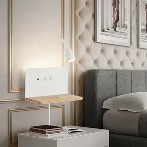 LED Bedside Wall Sconce with Wireless Charging & USB, Flexible Gooseneck Reading Light, 3 Color Modes, Plug-in/Hardwired Wall Lamp for Bedroom, White