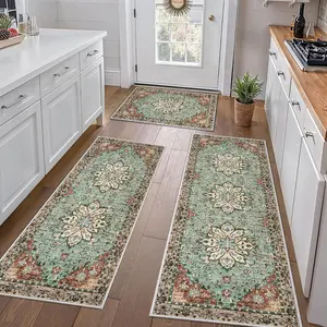 European Palace Style Vintage Pattern 3-Piece Kitchen Rug Set, Easy Storage Clean, Precision Bound Non-Fraying Bedroom Mat, Floral Area Rug