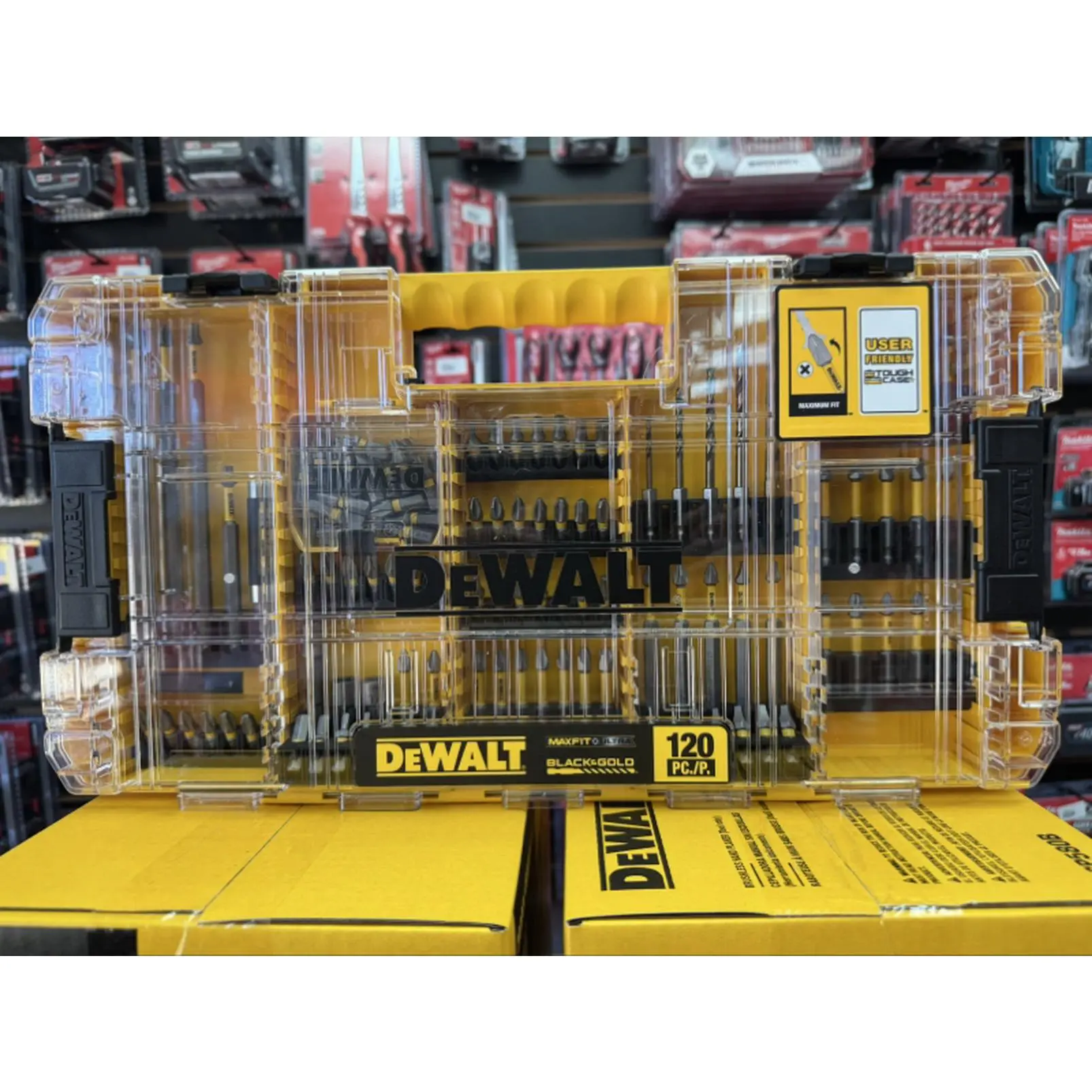 DeWalt 120-Piece Impact-Ready BlackGold Bit Set in Transparent Case with Organized Layout