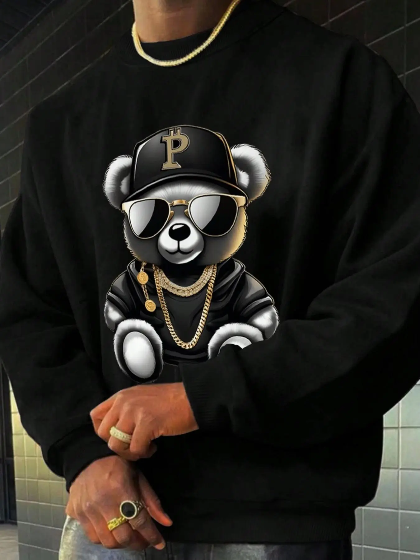 Men's Aesthetic Cartoon Bear Print Drop Shoulder Thermal Lined Sweatshirt, Regular Fit Casual Long Sleeve Round Neck Pullover for Fall & Winter, Men's Clothes for Daily Wear Tops, Fitted, Menswear