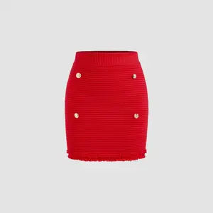 Cider [size 2-10] Knit Mid Rise Solid Button Raw Hem Mini Skirt