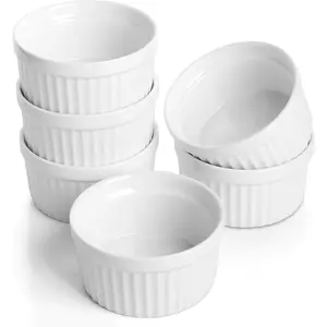 Porcelain Ramekins 4 oz Oven Safe, Small Souffle Dishes for Creme Brulee, Ice Cream, Dipping and Sauces, Ceramic White Mini Baking Bowls Set of 6