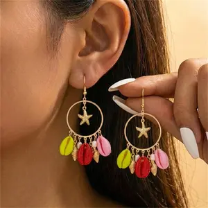 Bohemia Big Circle Starfish Hoop Earring For Women Vintage Colorful Conch Pearl Dangle Earring Girl Beach Vacation Party Jewelry