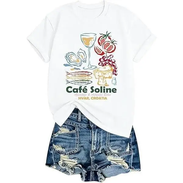 Vintage Food Wine Oyster Graphic Crew Neck T Shirt Women Oversized Casual Summer Vacation Tee Soft Comfortable Daily Wear Beach Outfit Trendy Y2K Aesthetic Cute Tops For Teen Girls