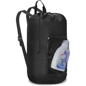 Laundry Bag Backpack Durable Laundry Bag with  Straps and Mesh Pockets Portable Laundry Dirty Clothes Hamper Bag for College Dorm (Black)