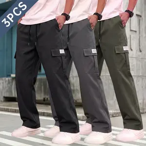 3-pack men’s straight-leg cargo pants, multi-pocket drawstring elastic waist casual trousers, outdoor work pants, American street style—suitable for everyday wear, commuting, and going out!