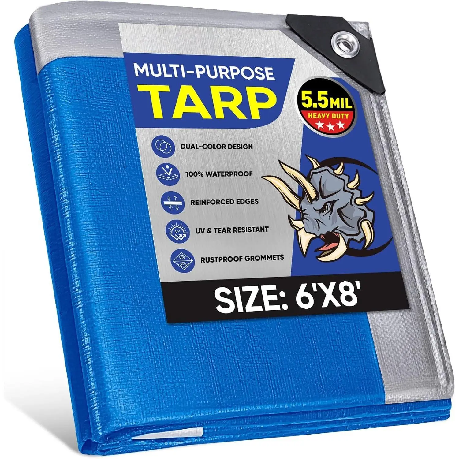 Heavy Duty Tarp Cover, Extra Thick Tarps   and  Proof  Tarpaulin with Reinforced Grommets and Edges (5.5 Mil, 6'x8')