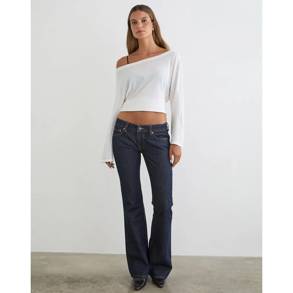 Motelrocks Women's Indigo Wash Recycled Cotton Denim Flare Jeans - Low Waist, 5-Pocket Styling, Button Fastening, Rivet Detail, Branded Back Patch Bottoms, Pants, Relaxed Bootcut Jeans